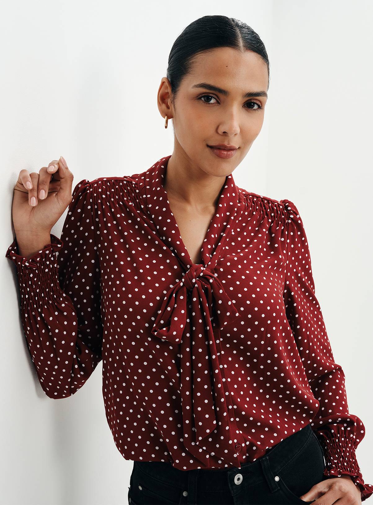 FINERY Mavis Polka Dot Print Pussybow Blouse 18 - Image 3