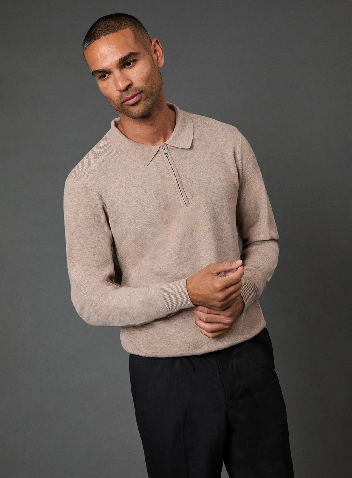 BURTON Taupe Knitted Long Sleeve Zip Neck Polo Shirt S - Image 1 thumbnail