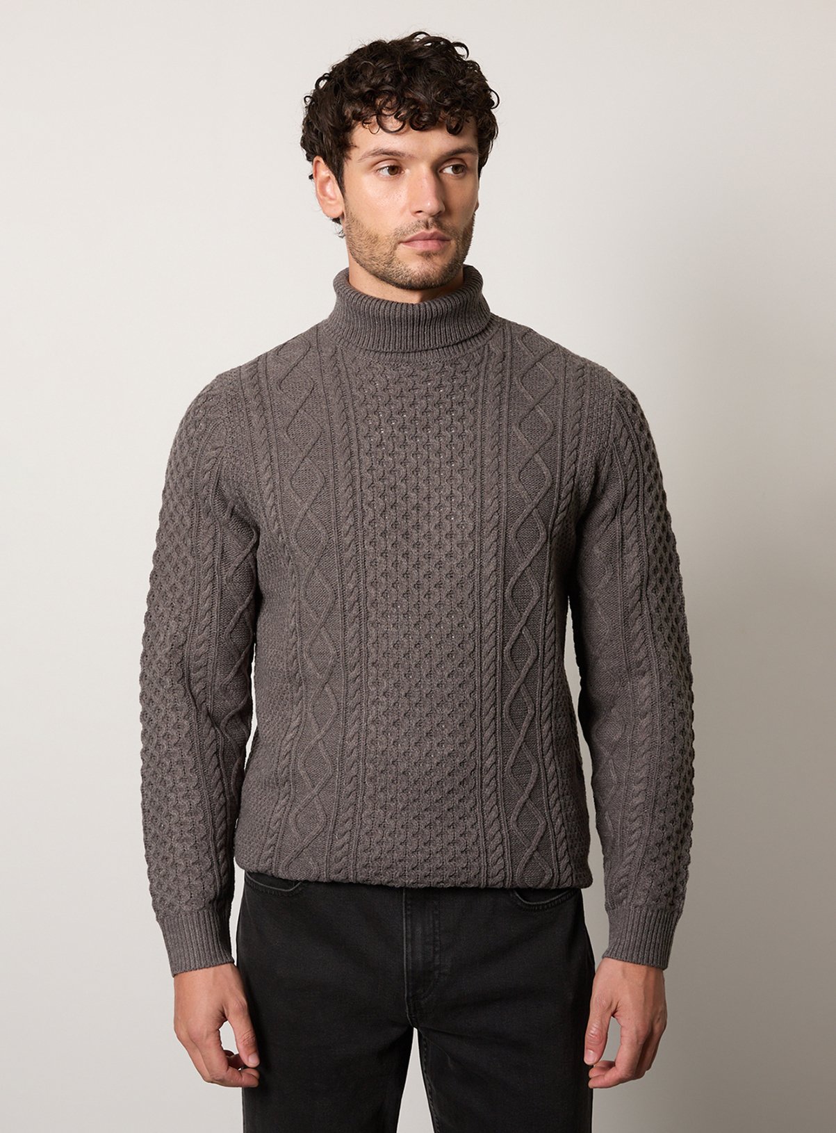 BURTON Mid Grey Marl Chunky Cable Roll Neck Jumper XL - Image 1 thumbnail