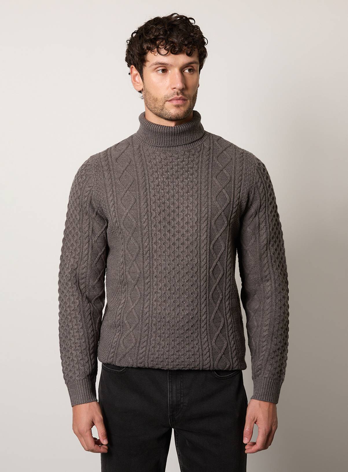 BURTON Mid Grey Marl Chunky Cable Roll Neck Jumper XL - Image 1