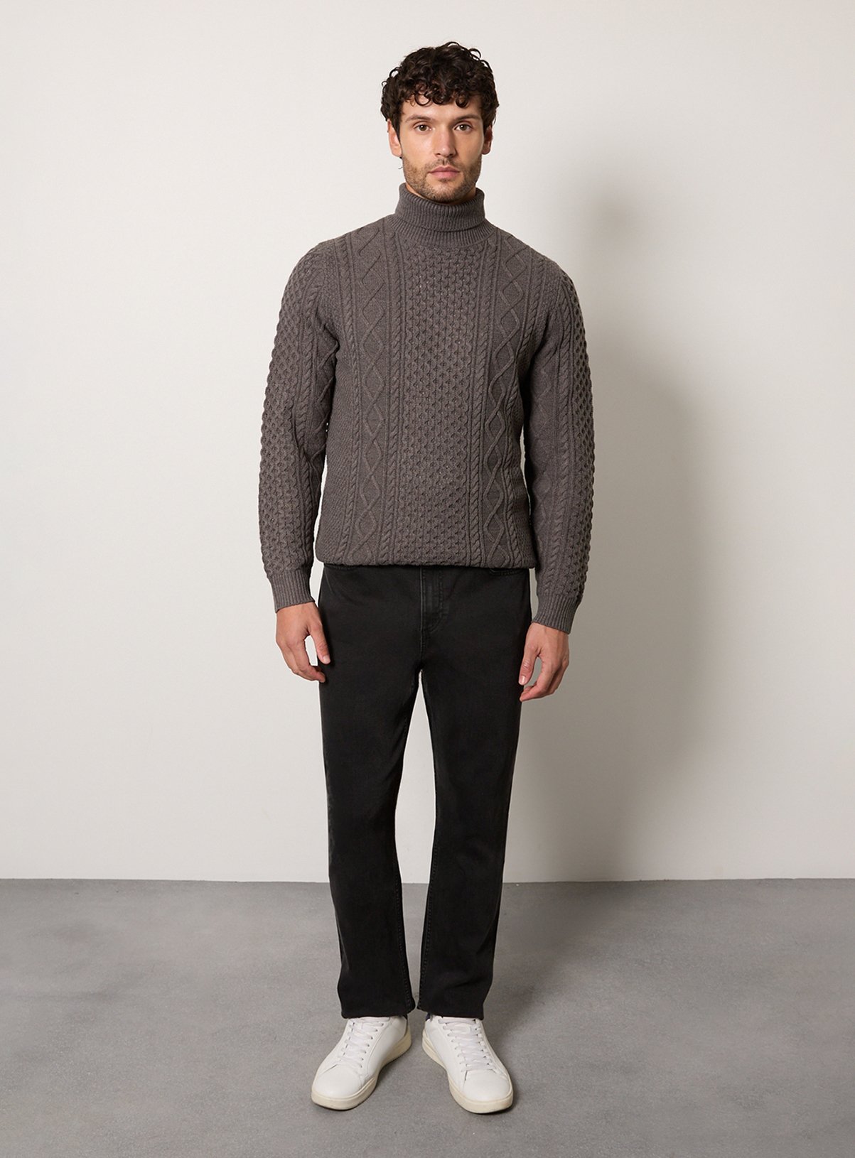 BURTON Mid Grey Marl Chunky Cable Roll Neck Jumper XL - Image 4 thumbnail
