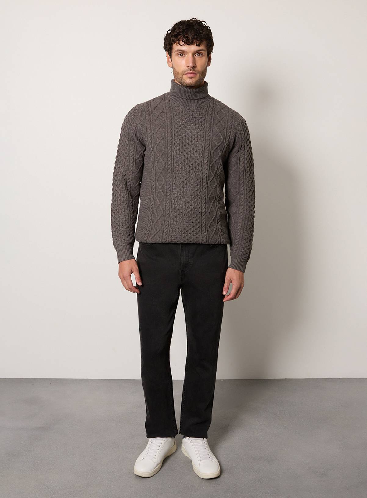 BURTON Mid Grey Marl Chunky Cable Roll Neck Jumper XL - Image 4
