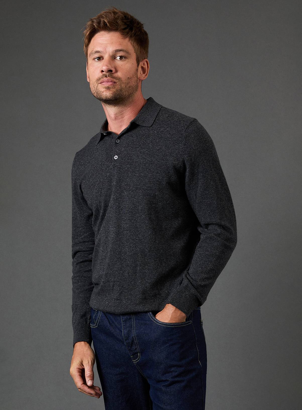 BURTON Charcoal Cotton Rich Long Sleeve Knitted Polo L - Image 1
