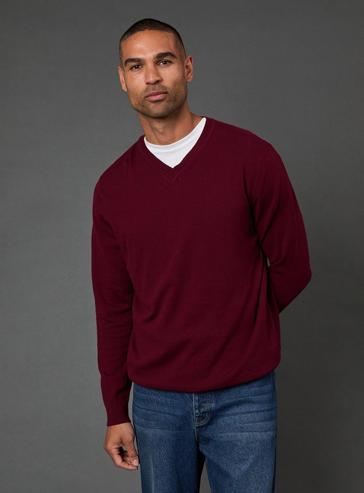 BURTON Burgundy Cotton Rich V Neck Jumper M - Image 1