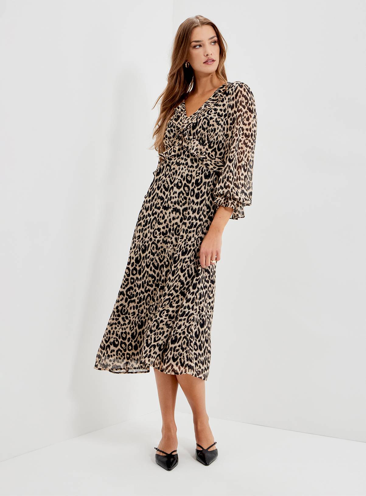 FINERY Veronica Chiffon Ruffle Midi Dress Leopard 22 - Image 2