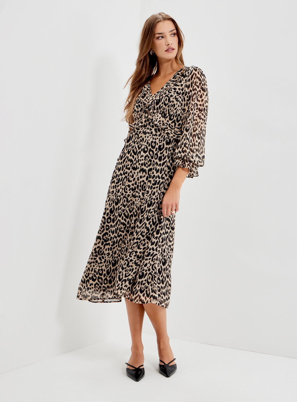 FINERY Petite Veronica Chiffon Ruffle Midi Dress Leopard 8 - Image 2 thumbnail