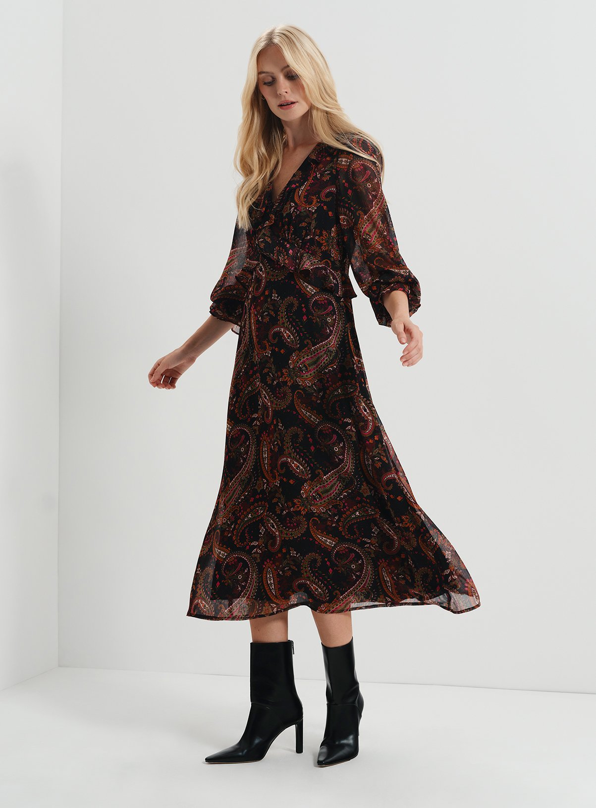 FINERY Veronica Chiffon Ruffle Midi Dress Paisley 12 - Image 3 thumbnail