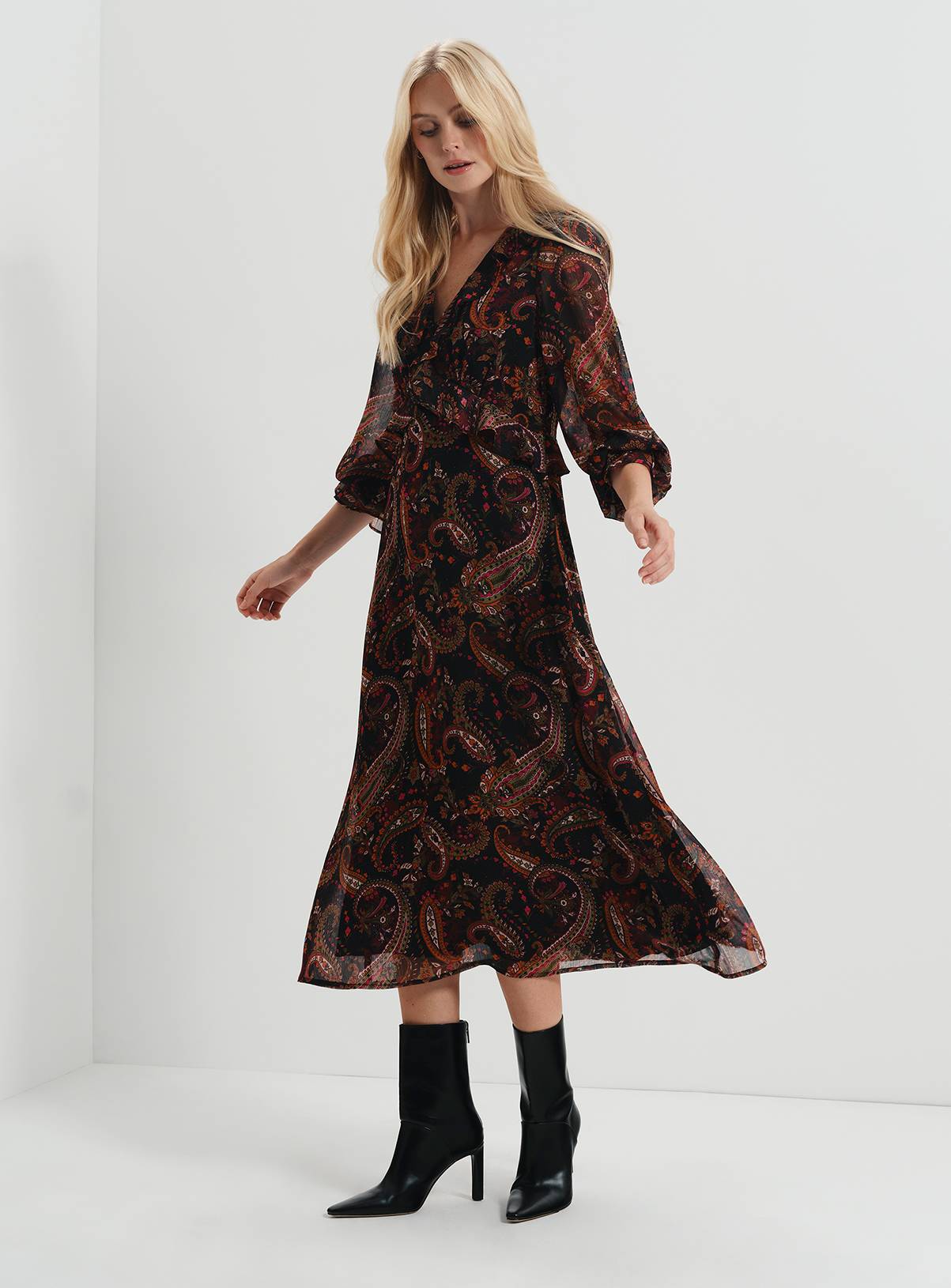 FINERY Veronica Chiffon Ruffle Midi Dress Paisley 12 - Image 3