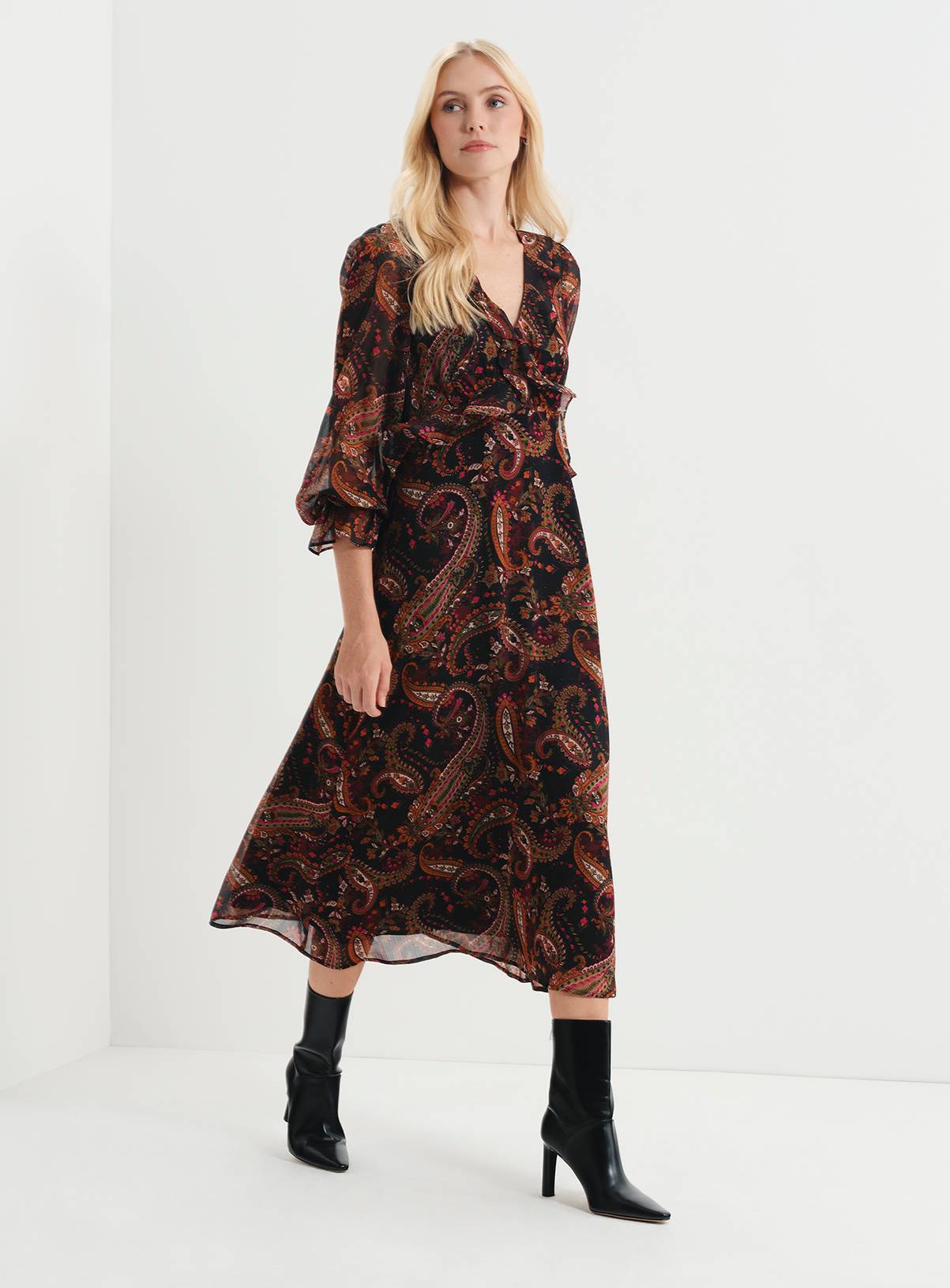 FINERY Veronica Chiffon Ruffle Midi Dress Paisley 10 - Image 2