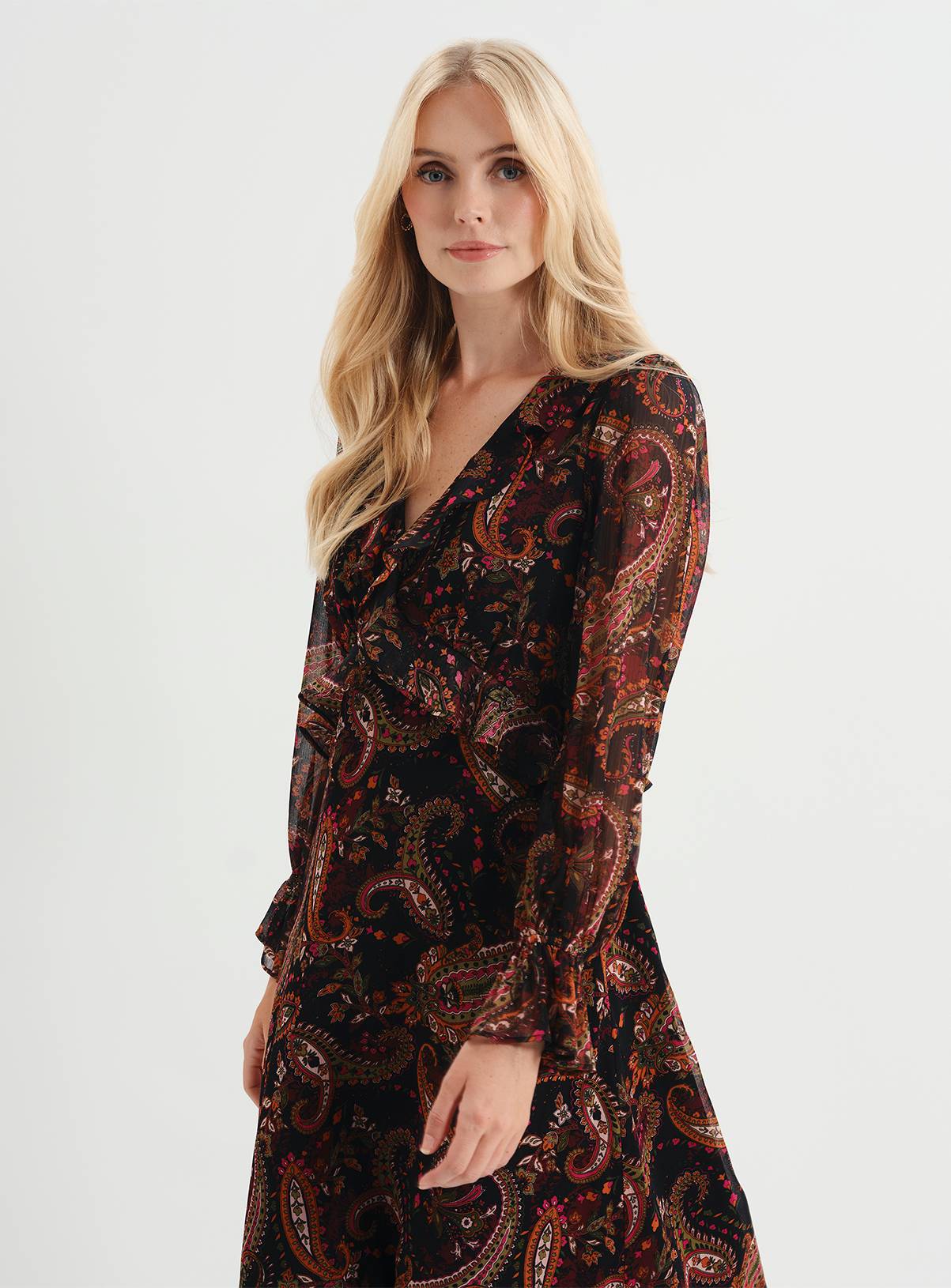 FINERY Veronica Chiffon Ruffle Midi Dress Paisley 10 - Image 4