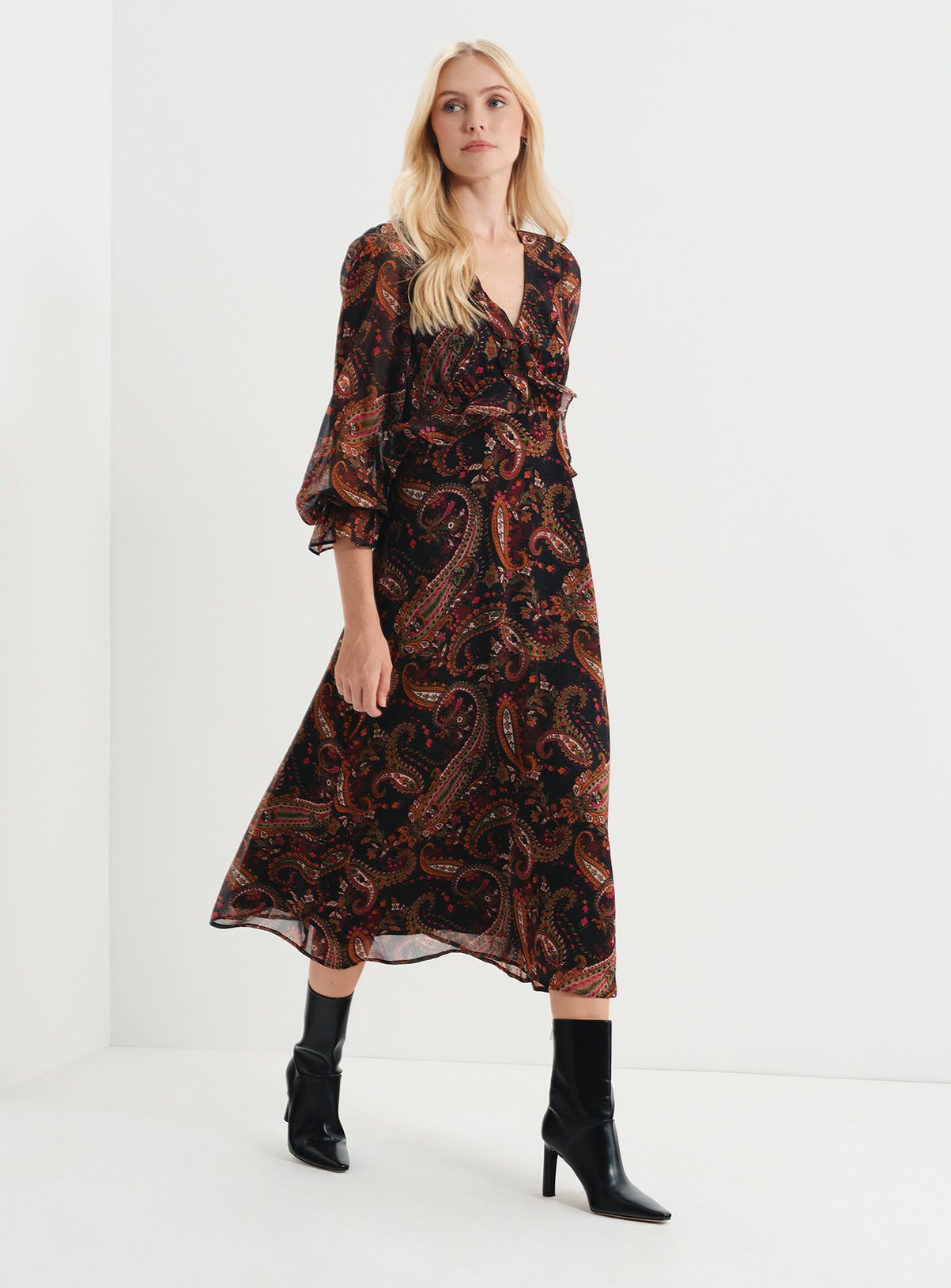 FINERY Petite Veronica Chiffon Ruffle Midi Dress Paisley 12 - Image 2 thumbnail