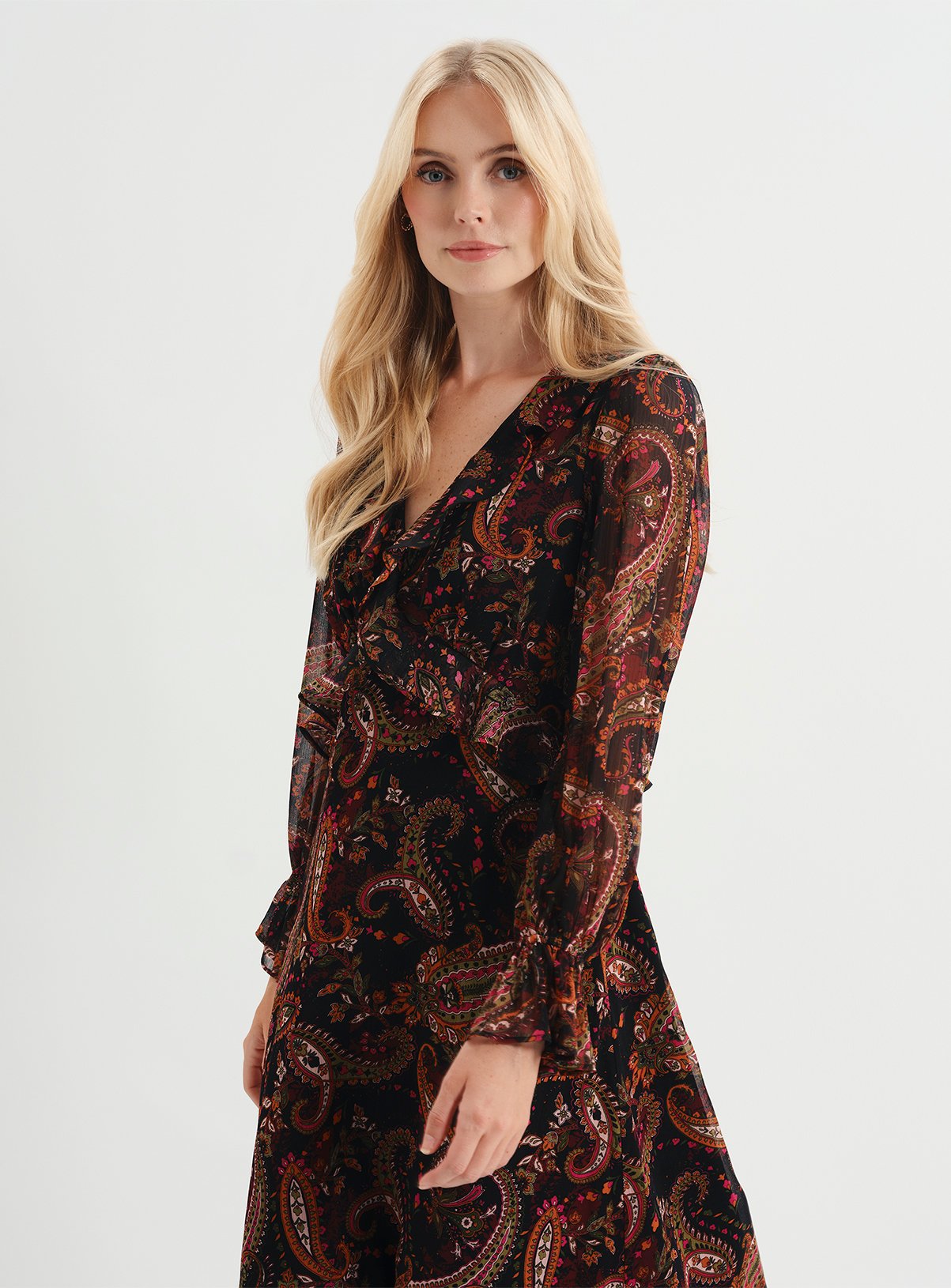 FINERY Petite Veronica Chiffon Ruffle Midi Dress Paisley 12 - Image 4 thumbnail