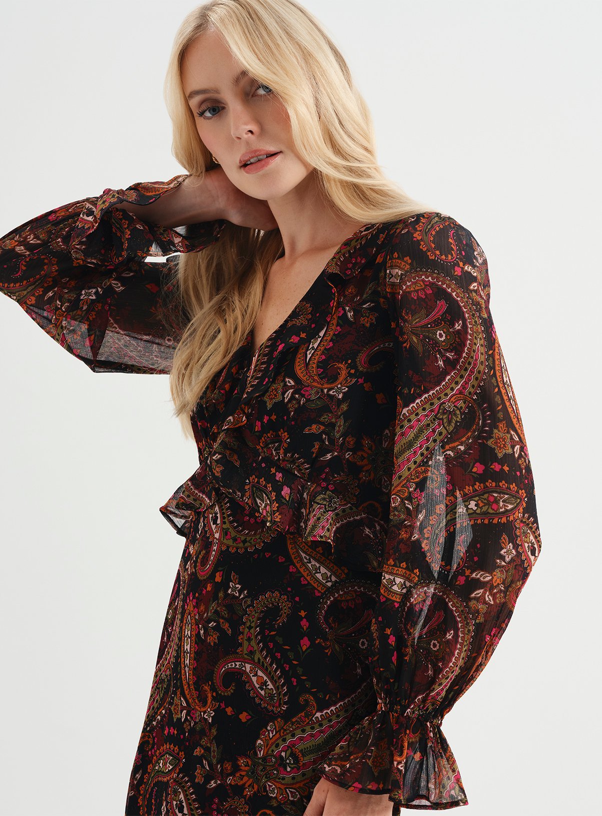 FINERY Petite Veronica Chiffon Ruffle Midi Dress Paisley 12 - Image 5 thumbnail
