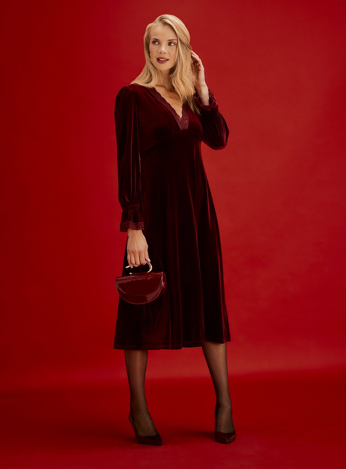 FINERY Petite Louise Velvet V Neck Midi Dress 16 - Image 4 thumbnail