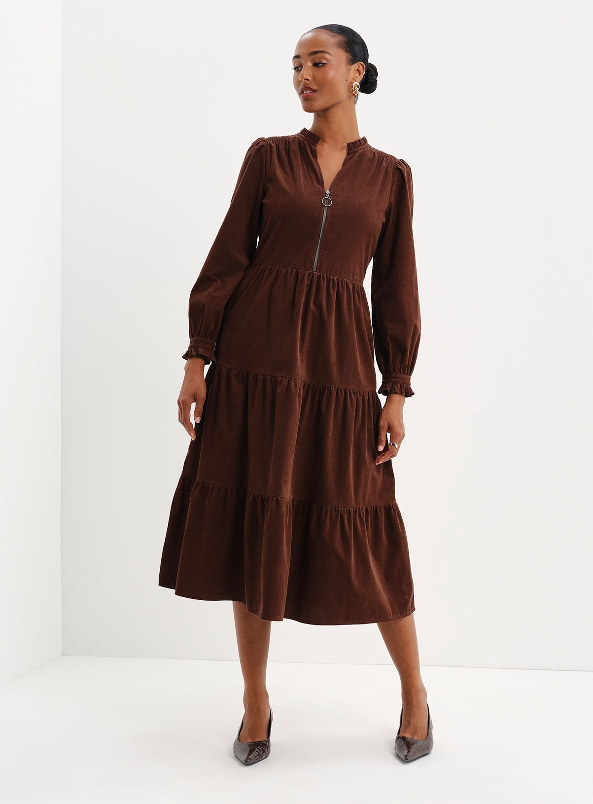 FINERY Petite Antonia Corduroy Tiered Midi Dress 18 - Image 2 thumbnail