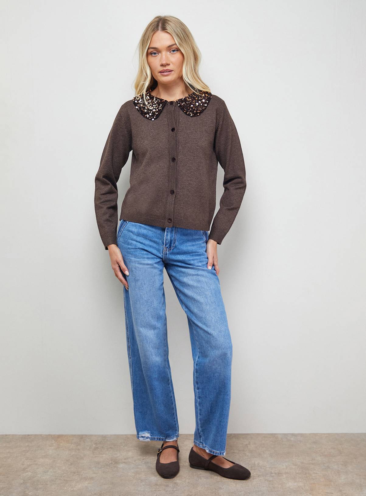 OASIS Sequin Collar Cardigan S - Image 2