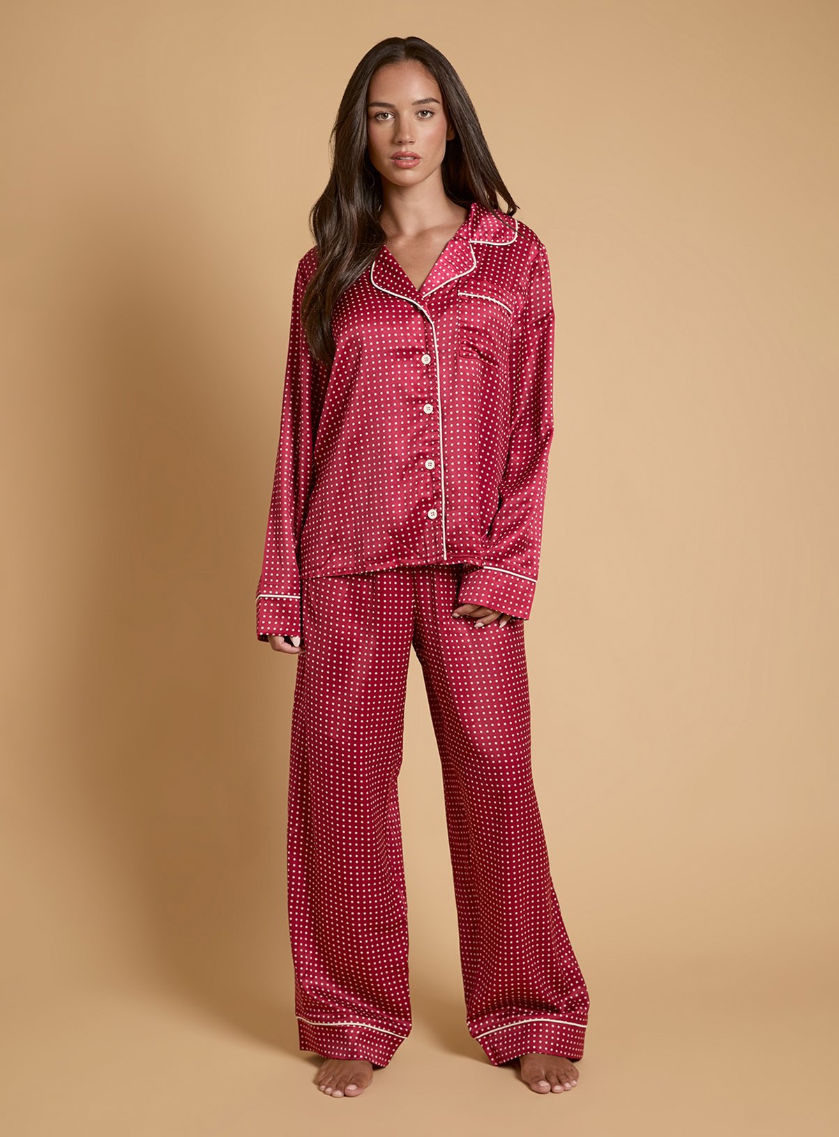 OASIS Burgundy Spot Long Sleeve Satin Printed Nightwear Set L - Image 1 thumbnail