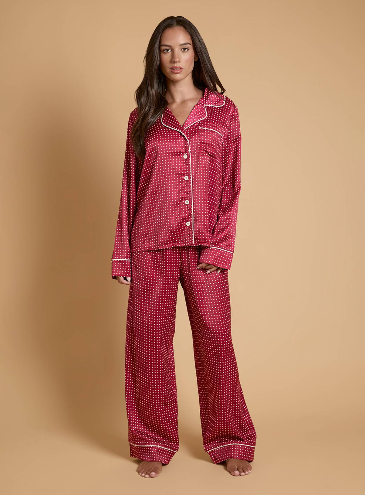 OASIS Burgundy Spot Long Sleeve Satin Printed Nightwear Set L - Image 1