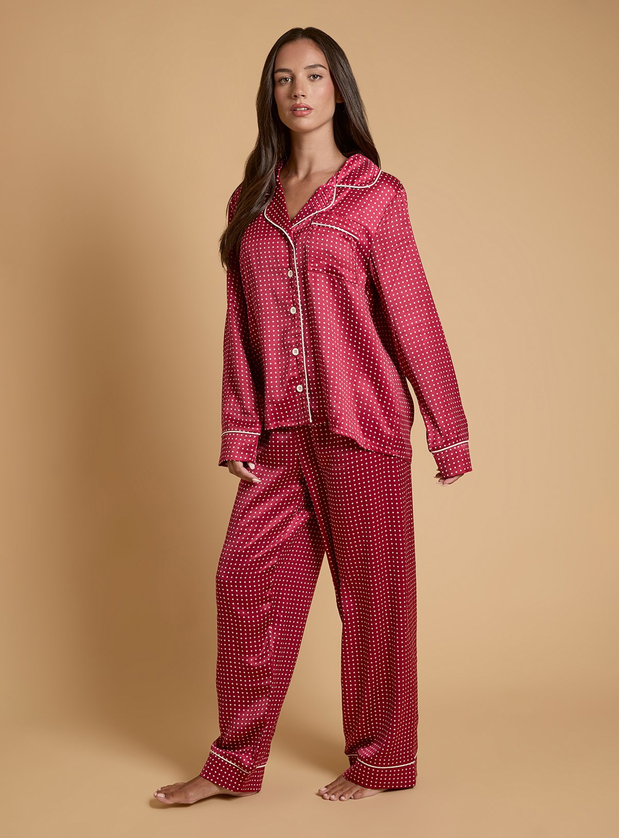 OASIS Burgundy Spot Long Sleeve Satin Printed Nightwear Set L - Image 2 thumbnail