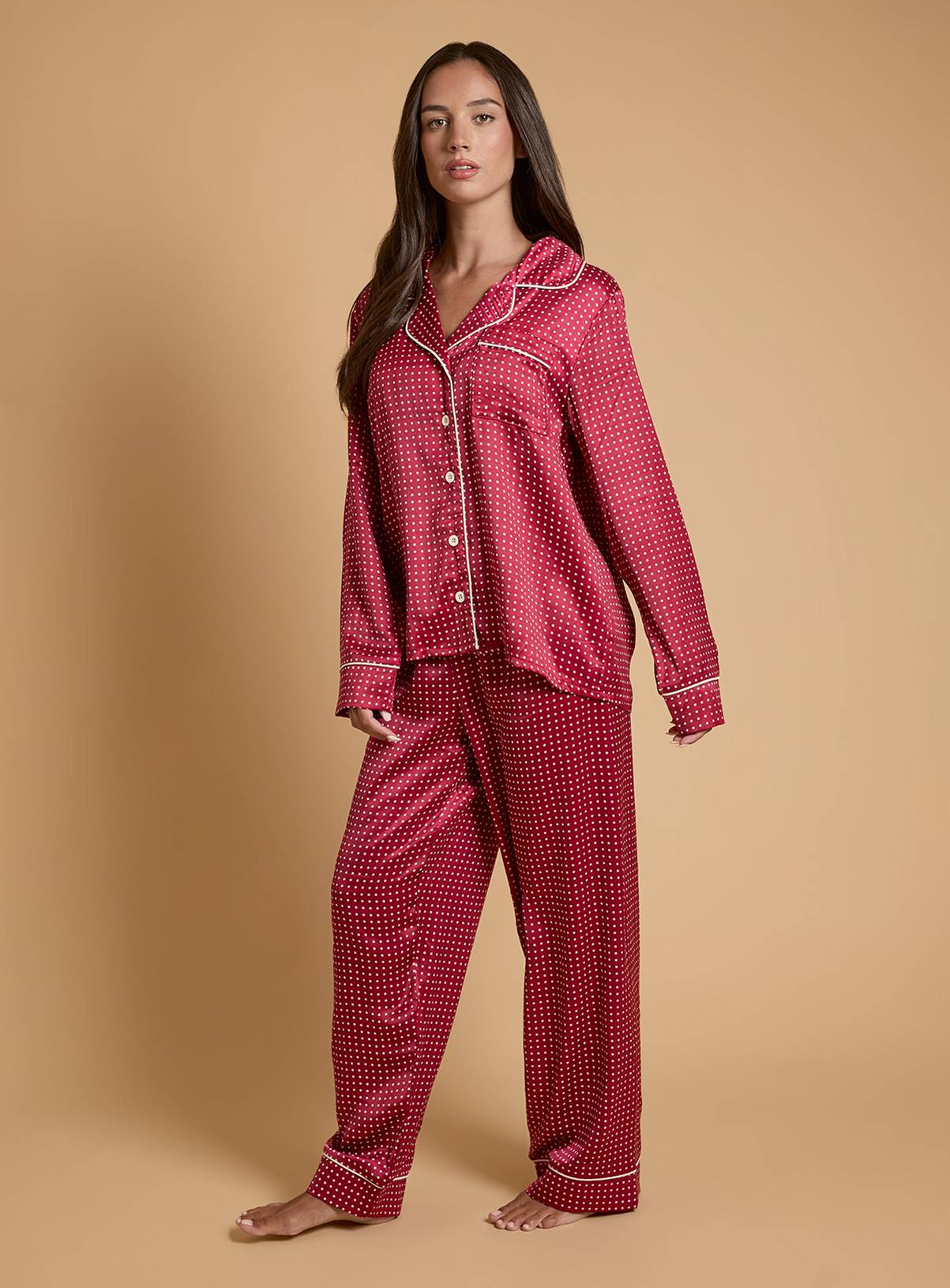 OASIS Burgundy Spot Long Sleeve Satin Printed Nightwear Set L - Image 2