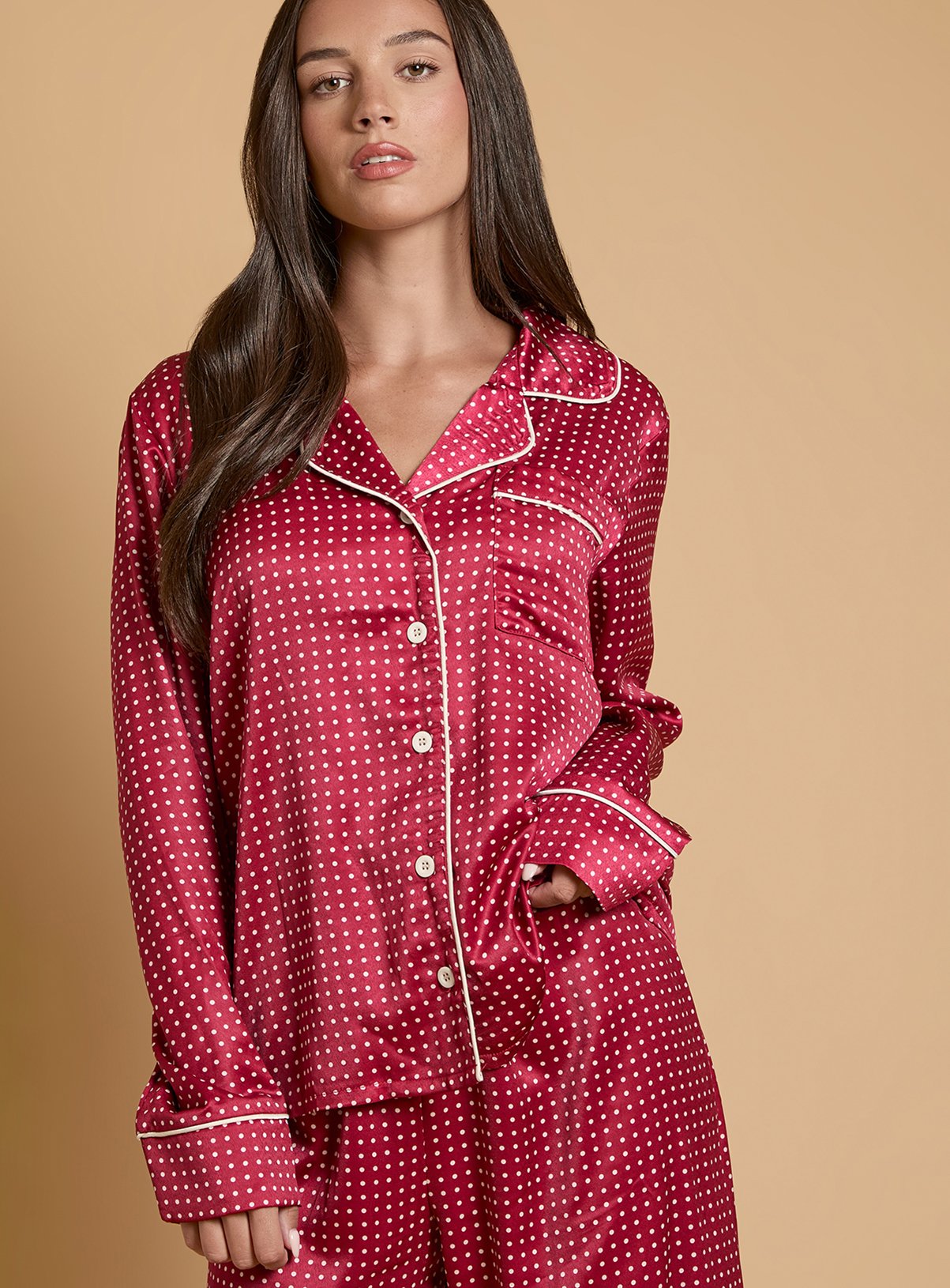 OASIS Burgundy Spot Long Sleeve Satin Printed Nightwear Set L - Image 4 thumbnail