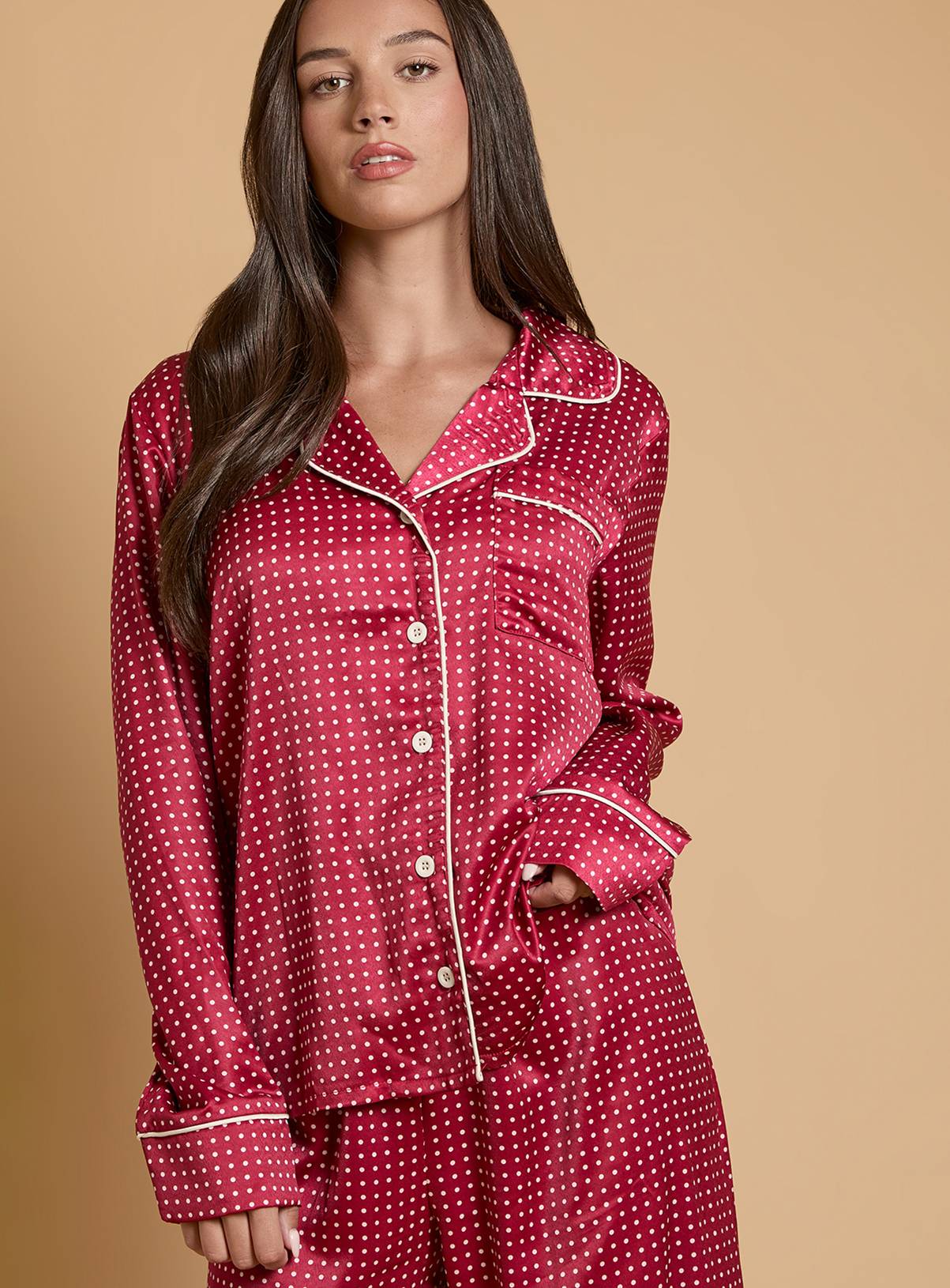 OASIS Burgundy Spot Long Sleeve Satin Printed Nightwear Set L - Image 4