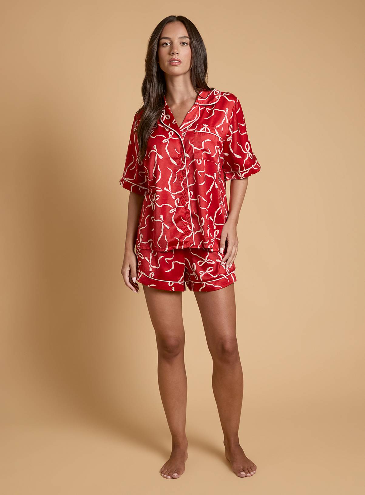 OASIS Red Bows Satin Printed Short Nightwear Set M - Image 2