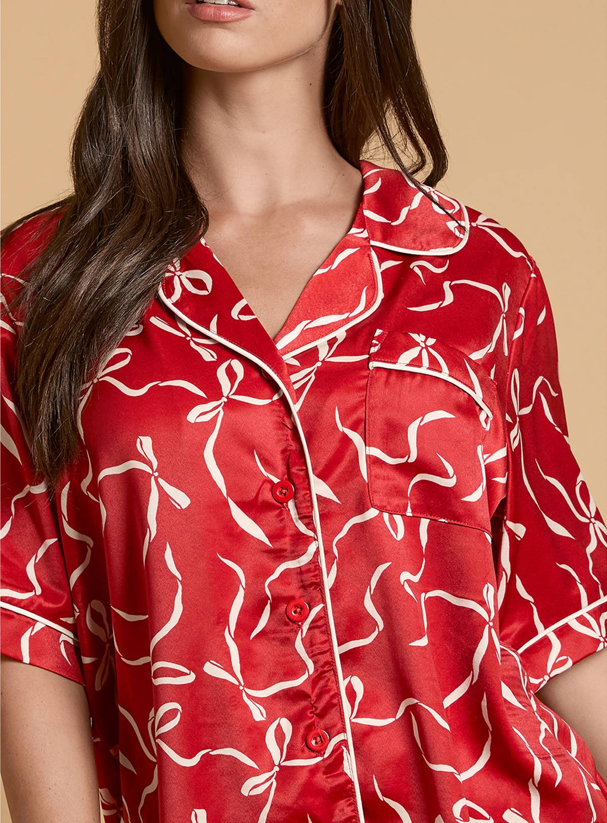 OASIS Red Bows Satin Printed Short Nightwear Set M - Image 4