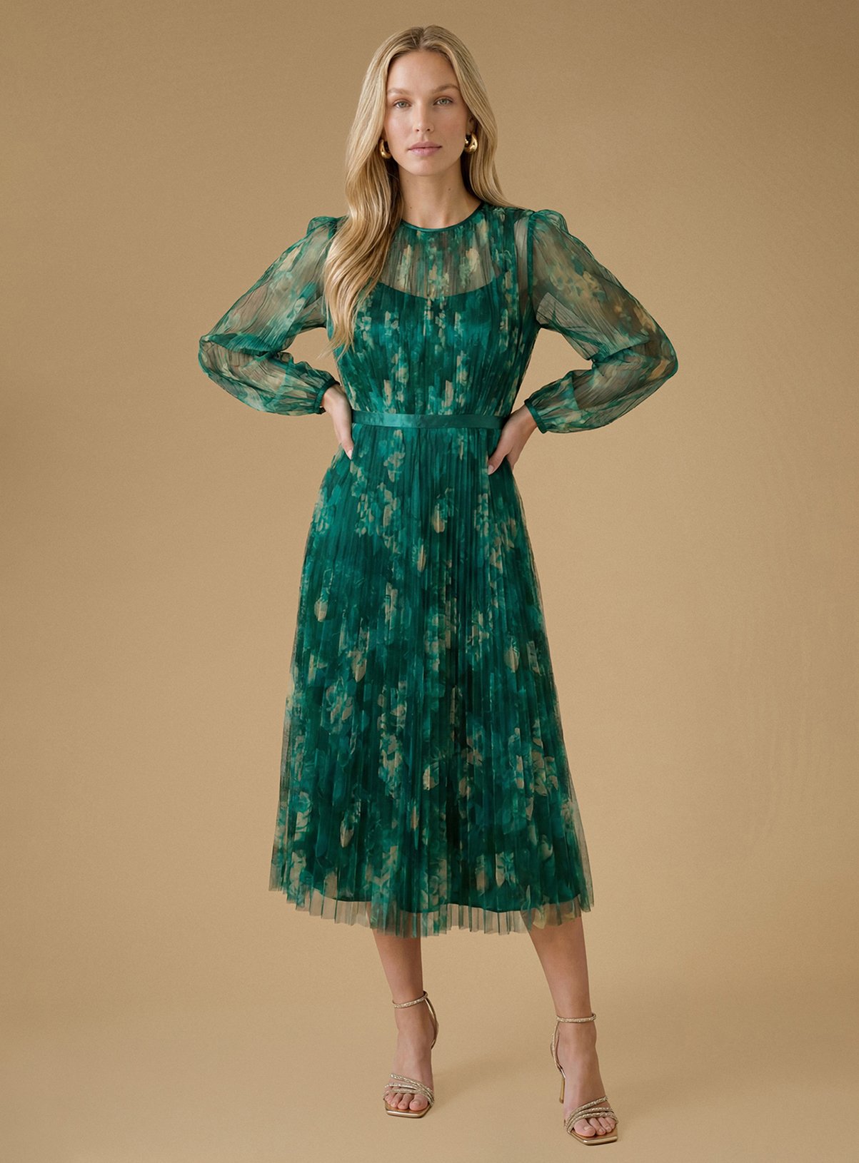 OASIS Printed Mesh Balloon Sleeve Midi Dress 12 - Image 1 thumbnail