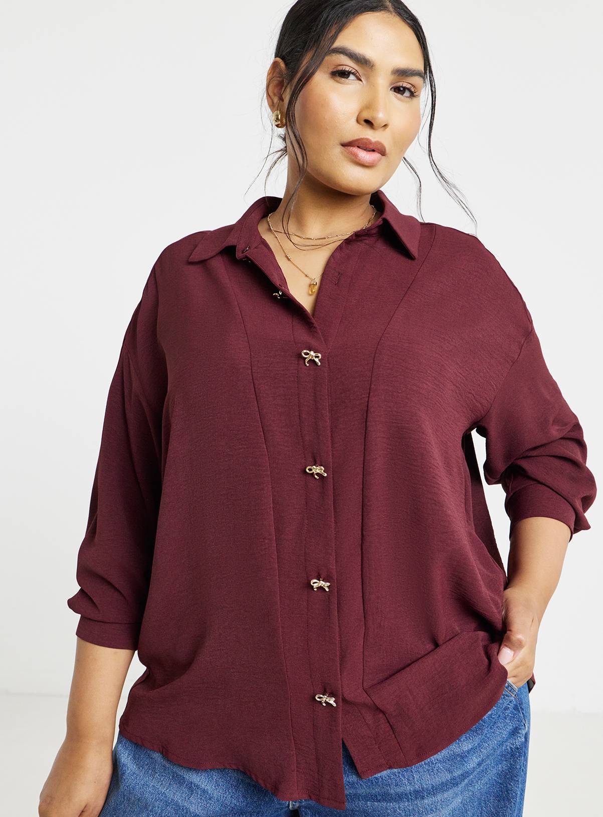 SIMPLY BE Burgundy Bow Button Shirt 26 - Image 3