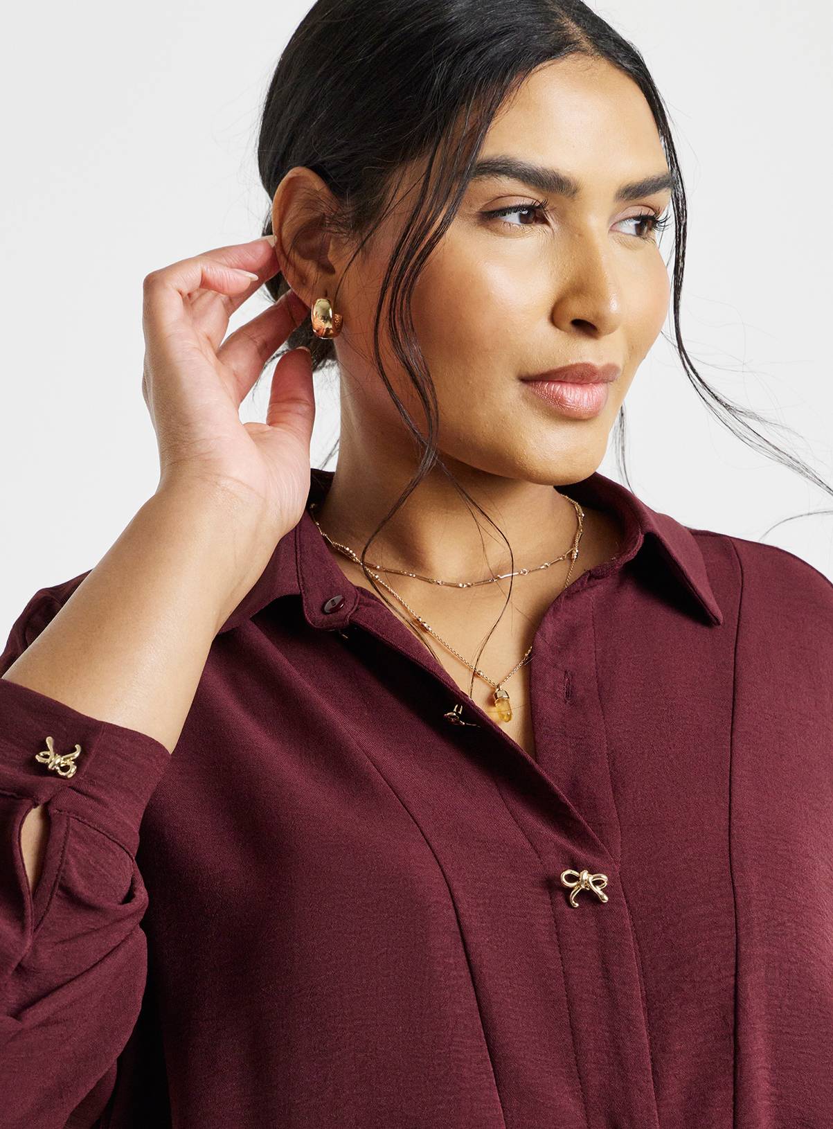 SIMPLY BE Burgundy Bow Button Shirt 26 - Image 4