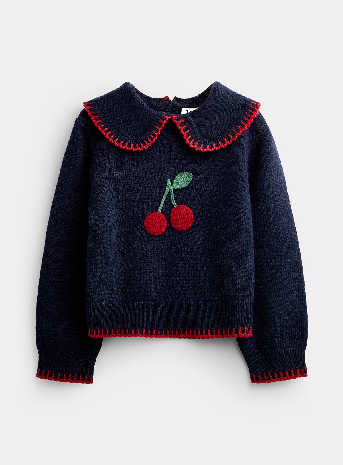 JOJO MAMAN BÉBÉ Cherry Applique Frill Collar Jumper Navy Blue With Wool 12-18 months - Image 1