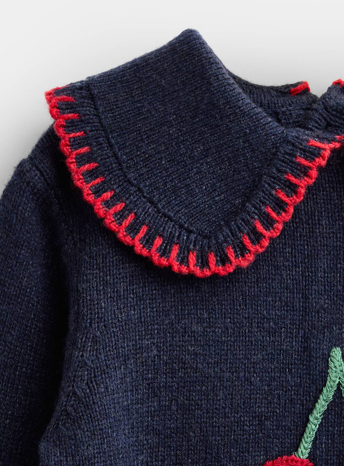 JOJO MAMAN BÉBÉ Cherry Applique Frill Collar Jumper Navy Blue With Wool 12-18 months - Image 3