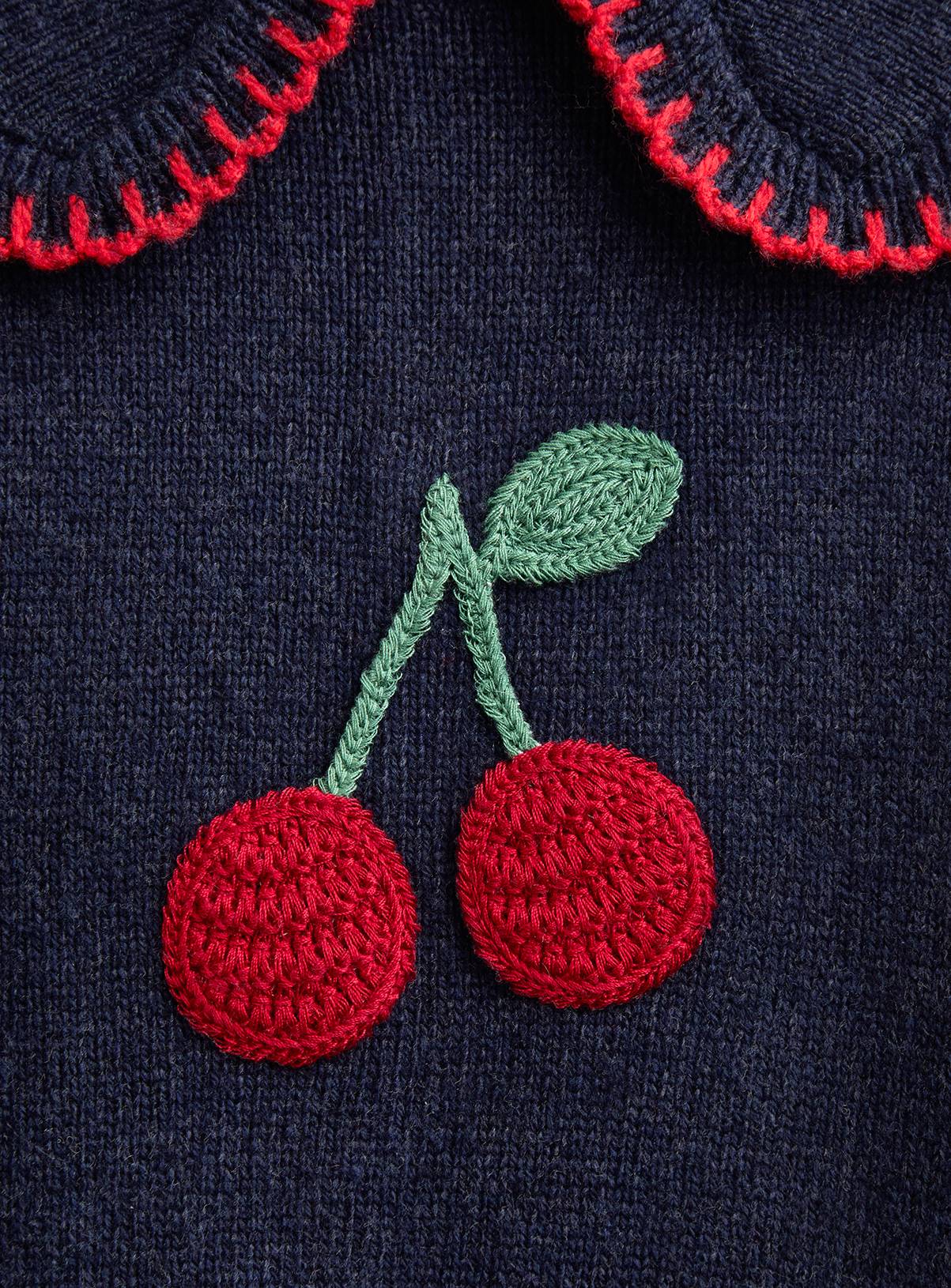 JOJO MAMAN BÉBÉ Cherry Applique Frill Collar Jumper Navy Blue With Wool 12-18 months - Image 4