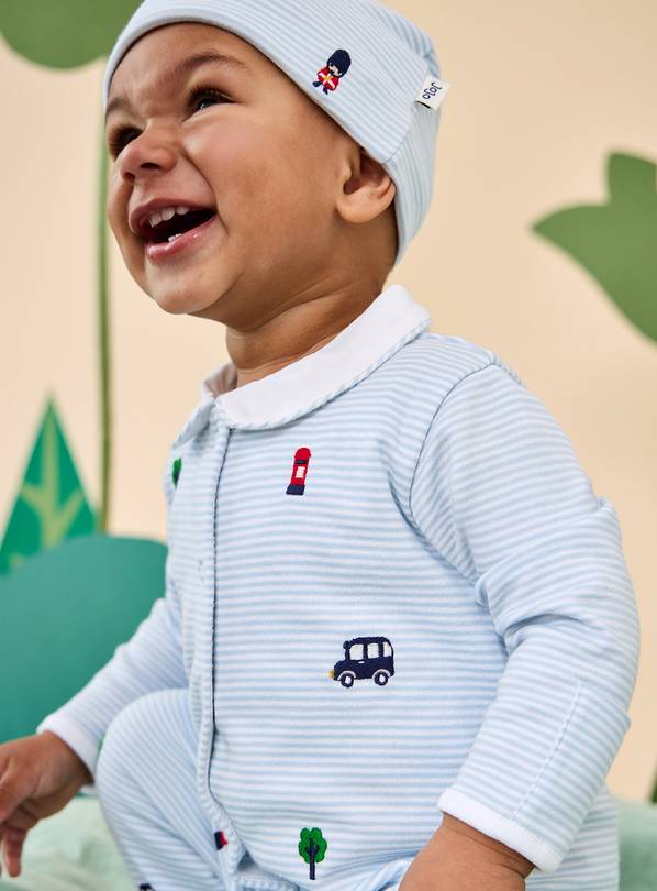 JOJO MAMAN BÉBÉ London Embroidered Sleepsuit and Hat Blue Newborn