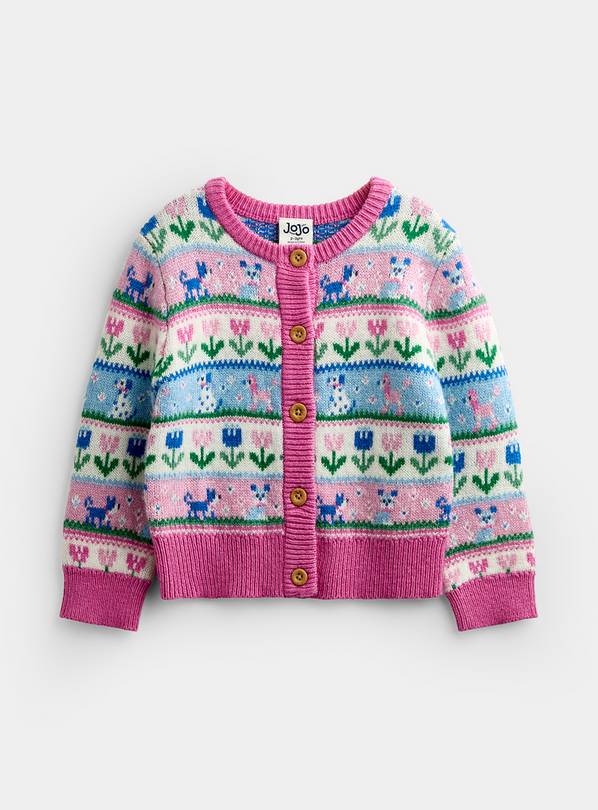 JOJO MAMAN BÉBÉ Pets Fair Isle Cardigan Pink Marl With Wool 12-18 months