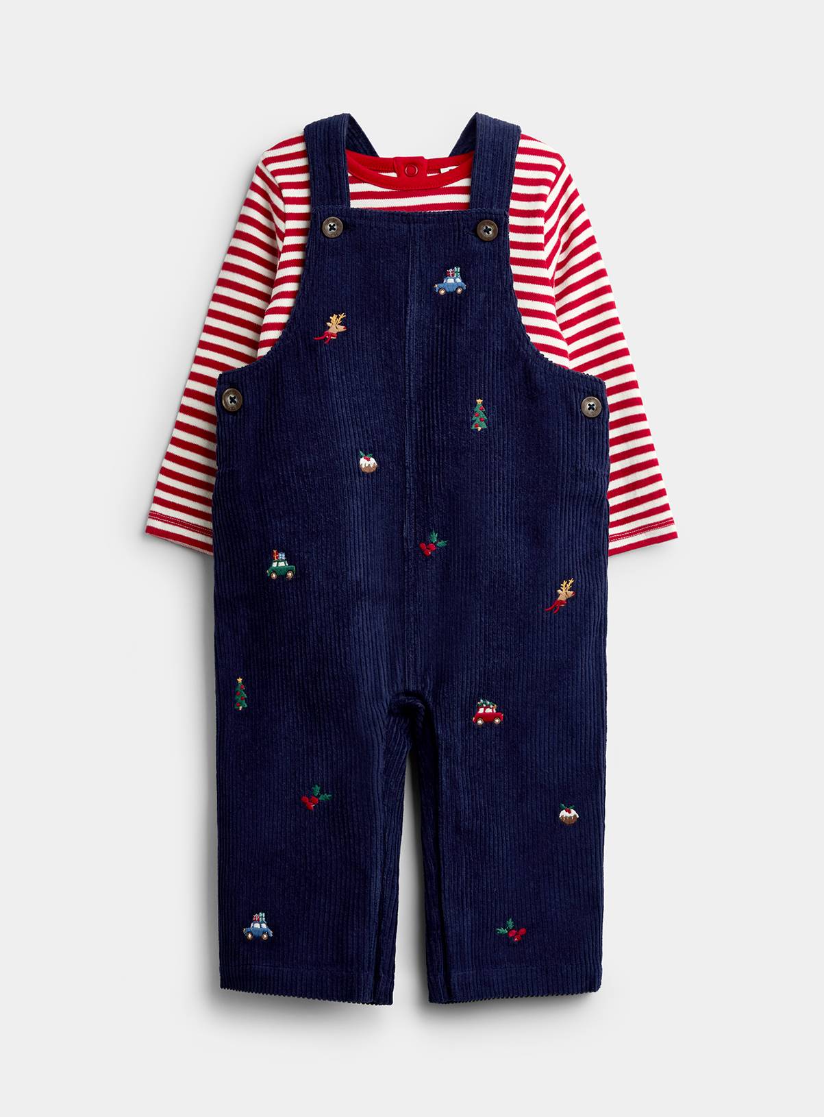 JOJO MAMAN BÉBÉ Christmas Embroidered Dungaree Set Navy Blue 6-12 months - Image 1