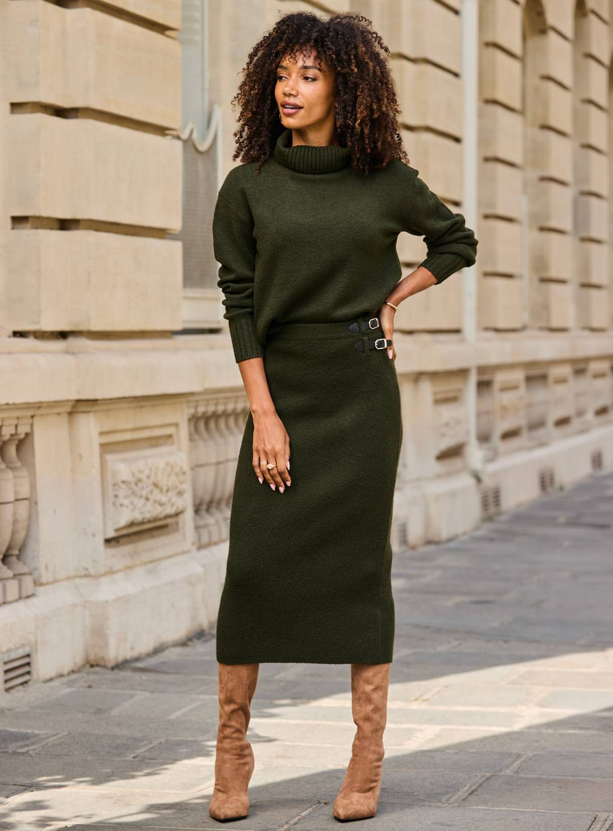SOSANDAR Khaki Green Knitted Midaxi Skirt XL - Image 6