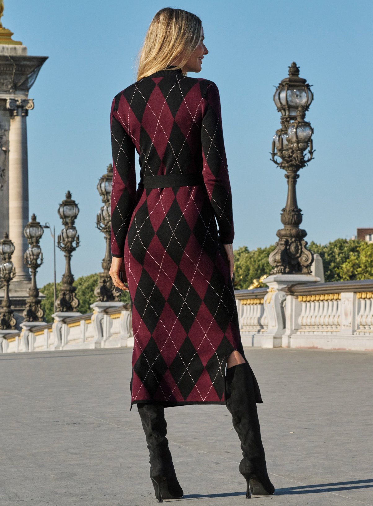 SOSANDAR Plum Argyle Roll Neck Knitted Dress 12 - Image 3 thumbnail