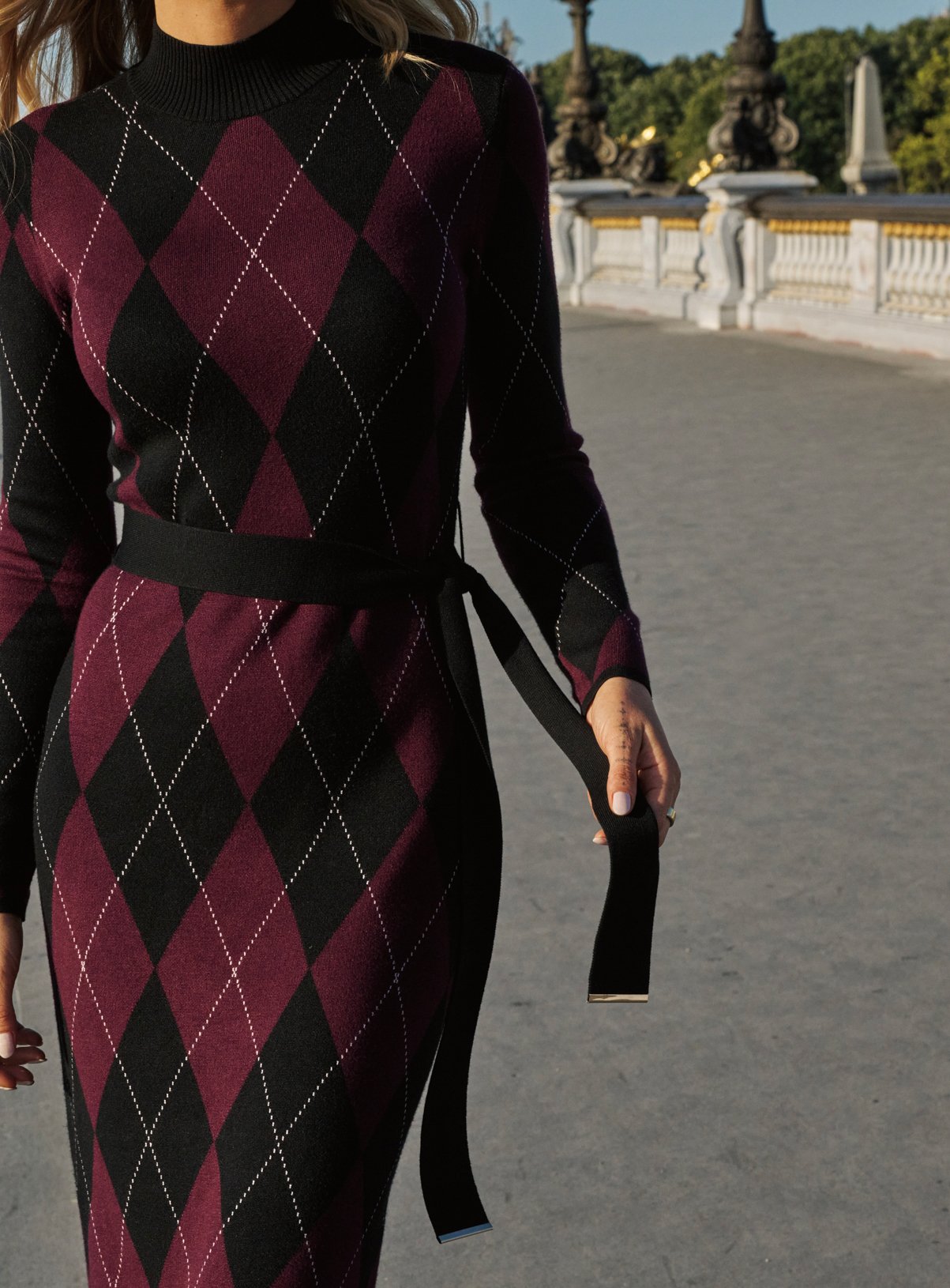 SOSANDAR Plum Argyle Roll Neck Knitted Dress 12 - Image 5 thumbnail
