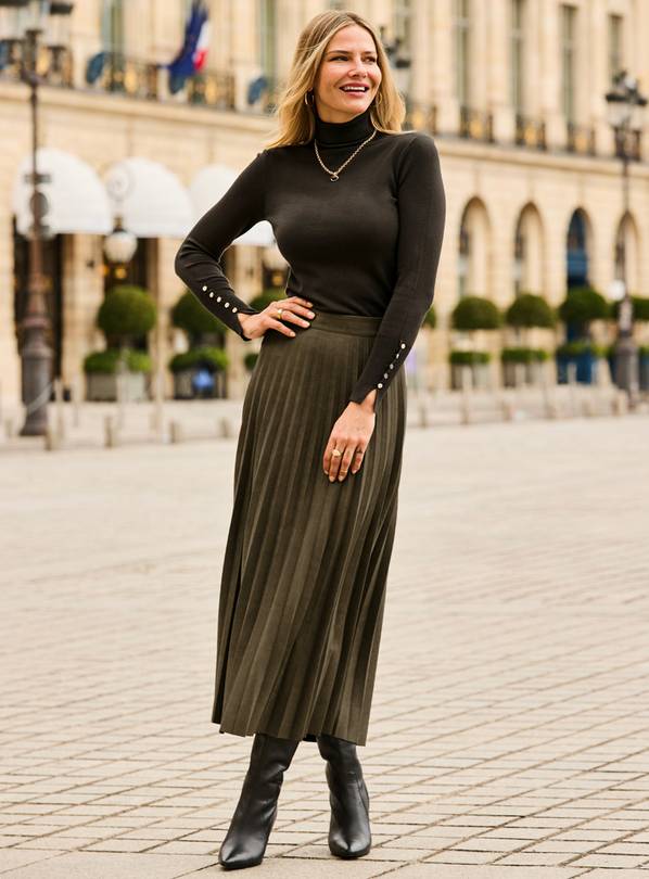SOSANDAR Olive Faux Suede Pleated Midi Skirt 20