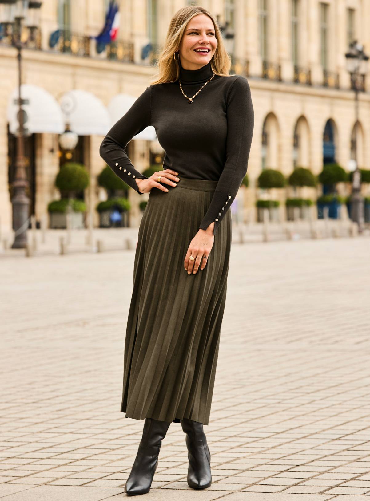 SOSANDAR Olive Faux Suede Pleated Midi Skirt 10 - Image 1