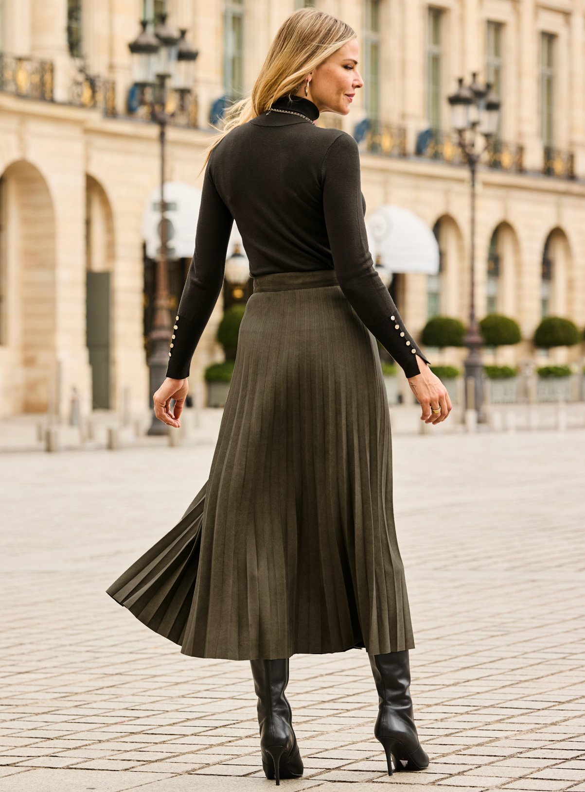 SOSANDAR Olive Faux Suede Pleated Midi Skirt 10 - Image 3 thumbnail