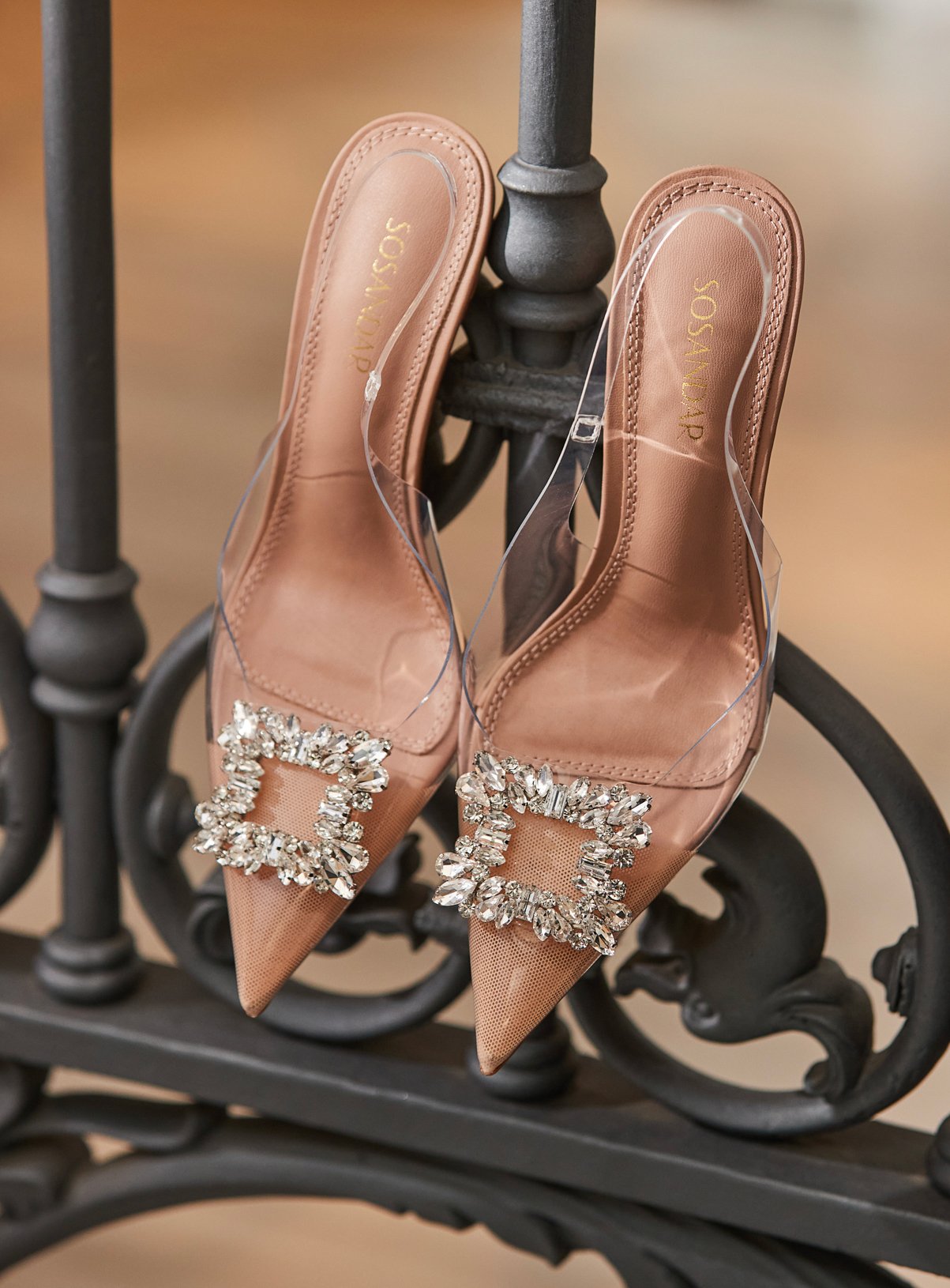 SOSANDAR Nude Rhinestone Detail Vinyl Slingback Court Shoes 4 - Image 4 thumbnail