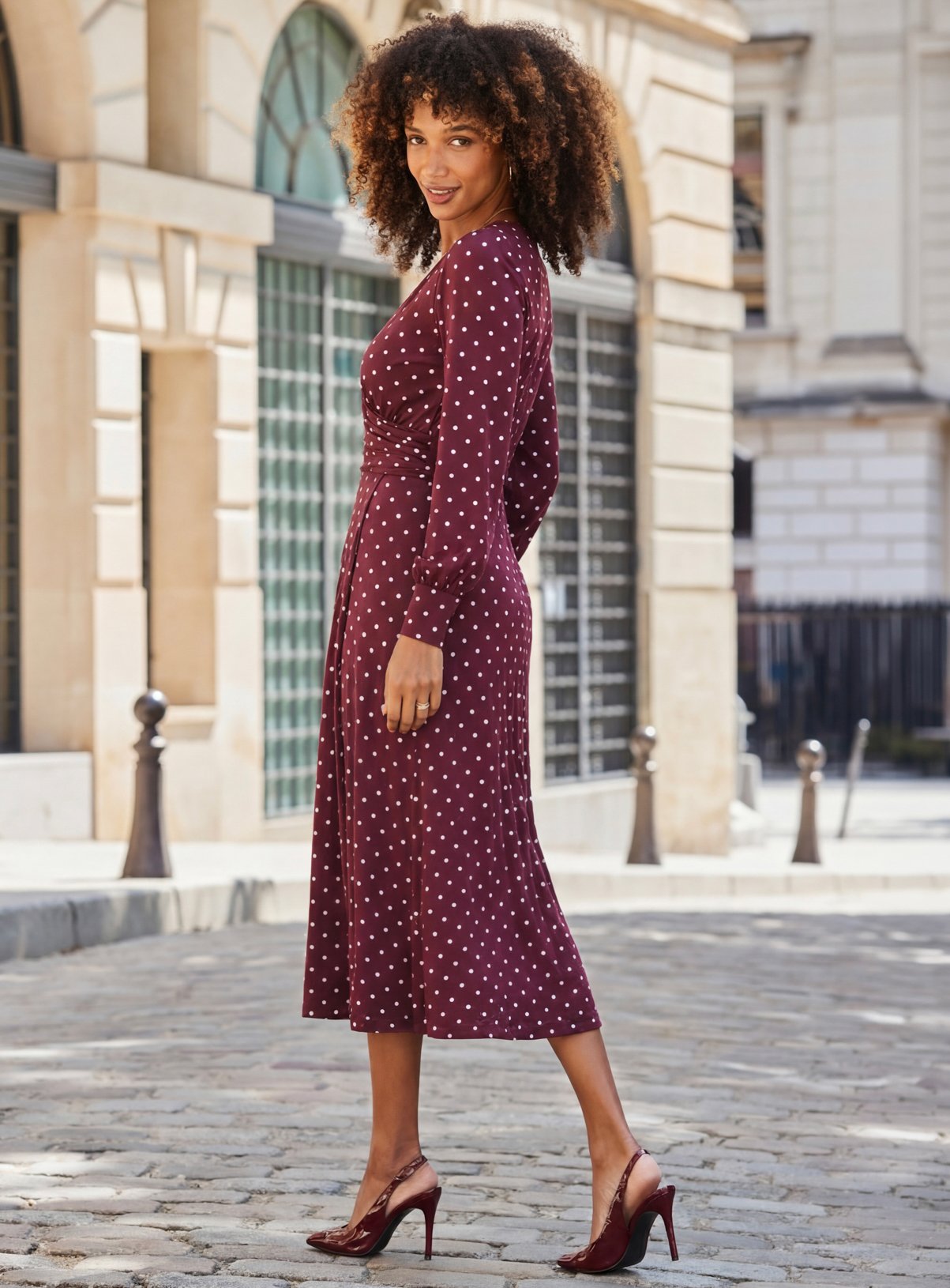 SOSANDAR Burgundy Polka Dot Print Twist Front Dress 12 - Image 3 thumbnail