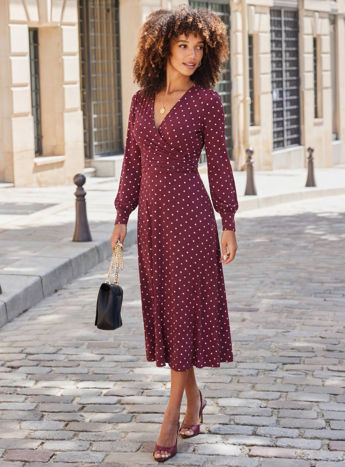 SOSANDAR Burgundy Polka Dot Print Twist Front Dress 12 - Image 5
