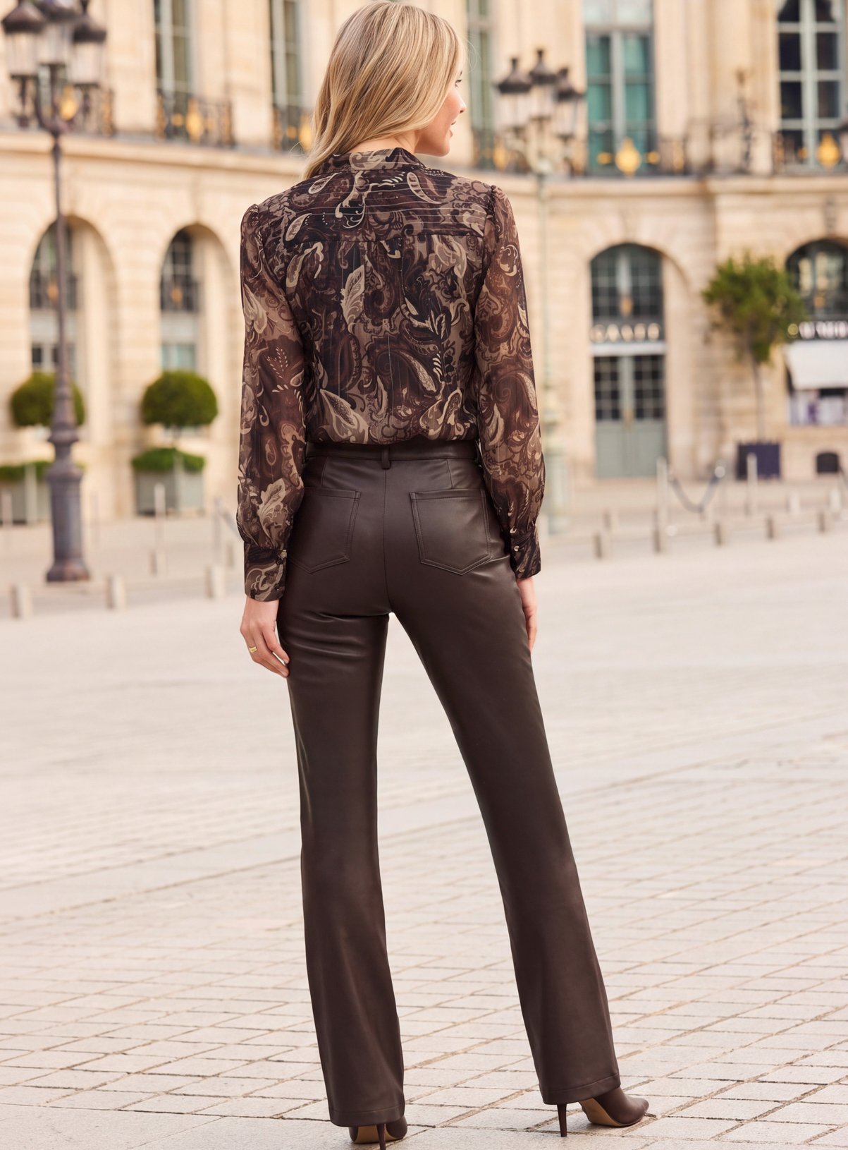 SOSANDAR Chocolate Brown Faux Leather Kick Flare Trousers 12R - Image 2 thumbnail