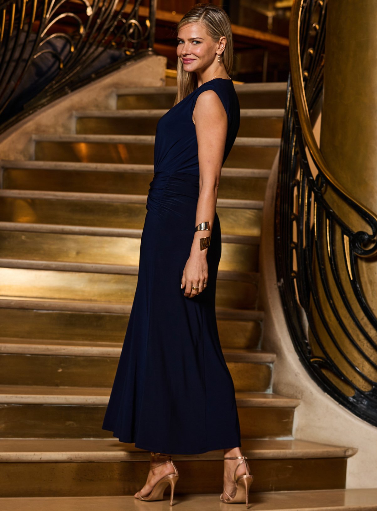 SOSANDAR Navy Blue V Neck Ruched Front Maxi Dress 14 - Image 3 thumbnail