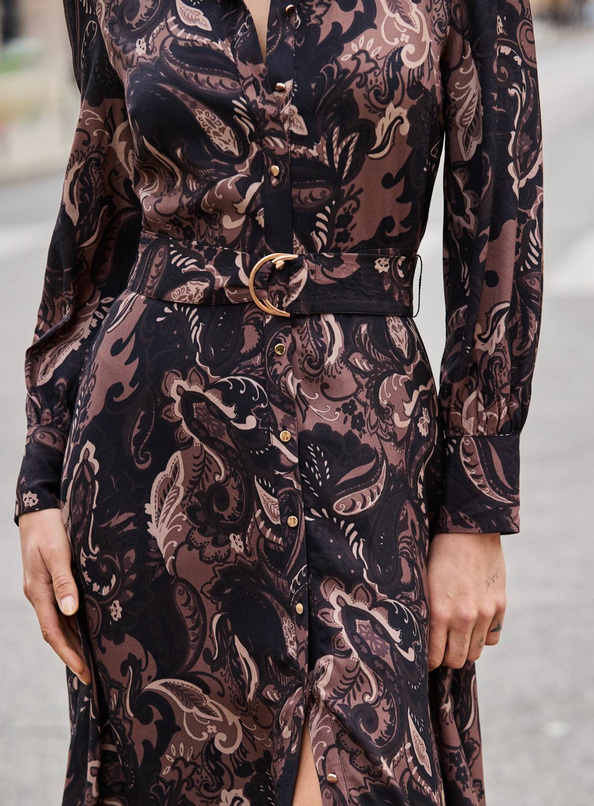 SOSANDAR Black and Brown Paisley Print Belted Shirt Dress 20 - Image 5