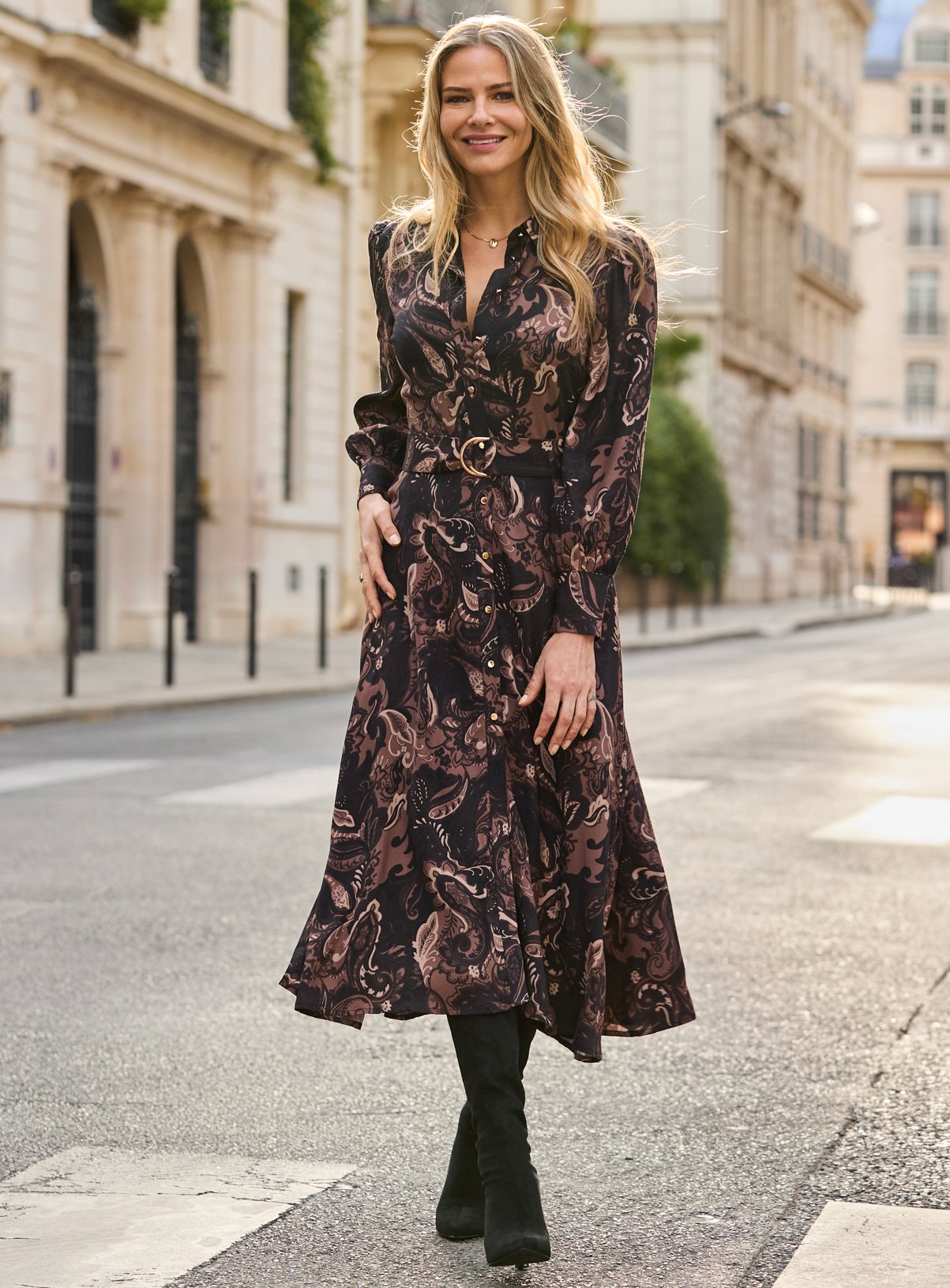 SOSANDAR Black and Brown Paisley Print Belted Shirt Dress 20 - Image 7 thumbnail